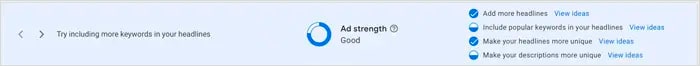 Параметр Ad Strength показывает уровень качества рекламного объявления Оценка качества объявления
