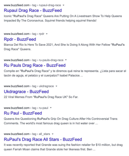 Выдача по тегам для сайта buzzfeed в Google Индексируемые страницы с тегами